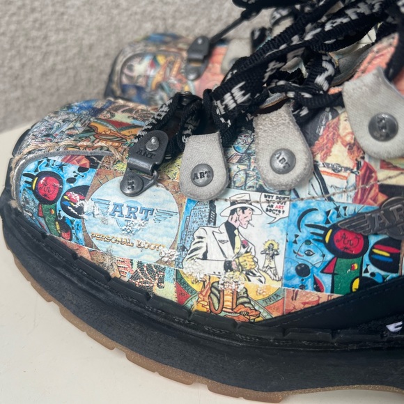 Vintage Y2K chunky Punk combat leather boots graffiti print The Art 38E - Picture 5 of 13